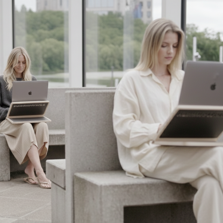 Three women sitting on concrete benches by a large window, each using a laptop and a Rochestor laptop riser.